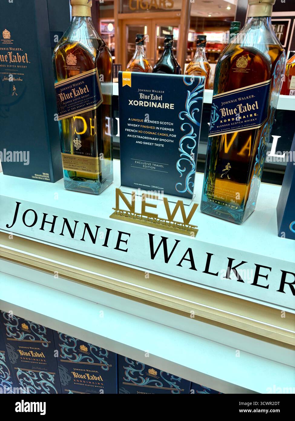 Johnnie Walker Blue Label Xordinaire, luxurious blended scotch whisky available exclusively at travel retail outlets including Dubai airport pictured - Smartphone Captured Stock Image