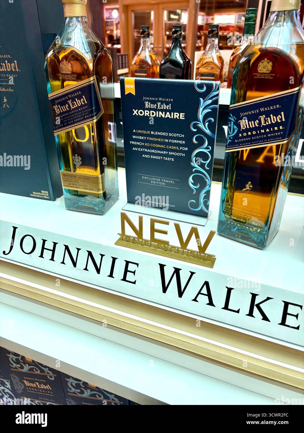 Johnnie Walker blue label xordinaire blended scotch whisky for sale in the duty free shop at Dubai international airport, terminal3, UAE - Smartphone Captured Stock Image