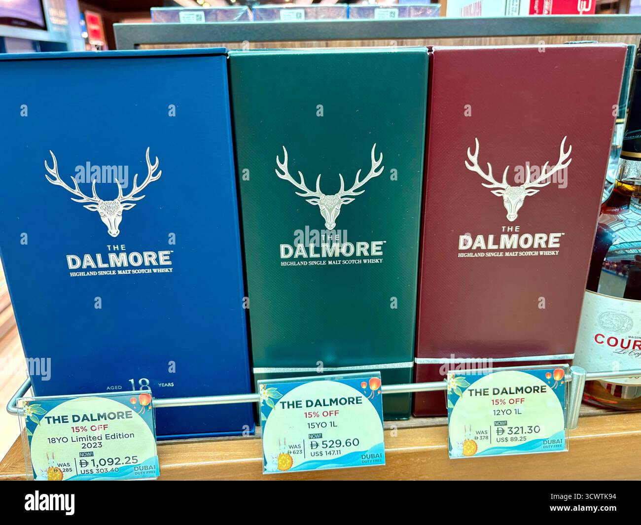 Dalmore single malt scotch whisky, bottles of 12 year old, 15 year old and 18 year old scotch whisky for sale at Dubai international airport duty free - Smartphone Captured Stock Image
