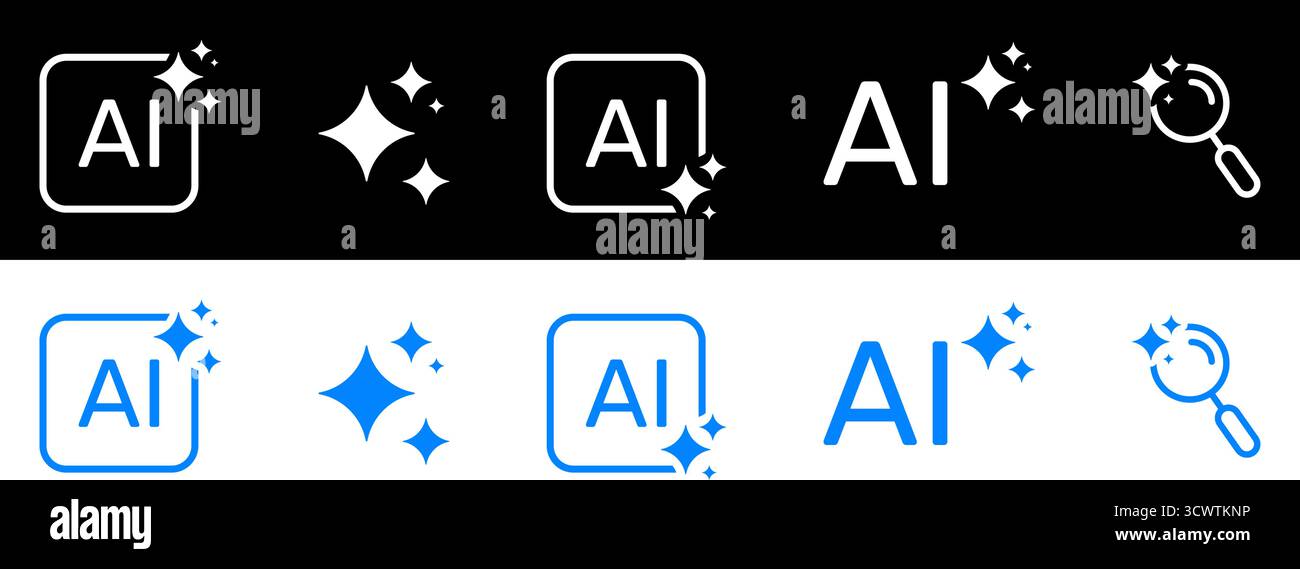 Artificial Intelligence Sparkles AI Recognition and Search Solid Icon Set. Machine Learning Data Processing Future Technology Silhouette Symbol Stock Vector