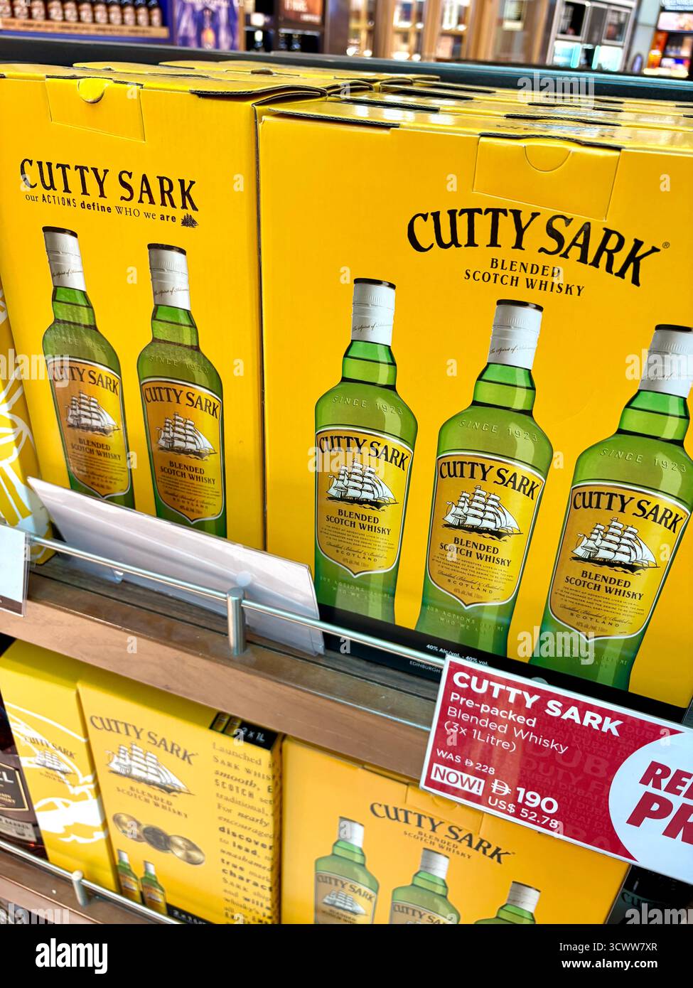Cutty Sark blended scotch whisky produced by La Martiniquaise, for sale in the  duty free shop Dubai international airport, UAE - Smartphone Captured Stock Image