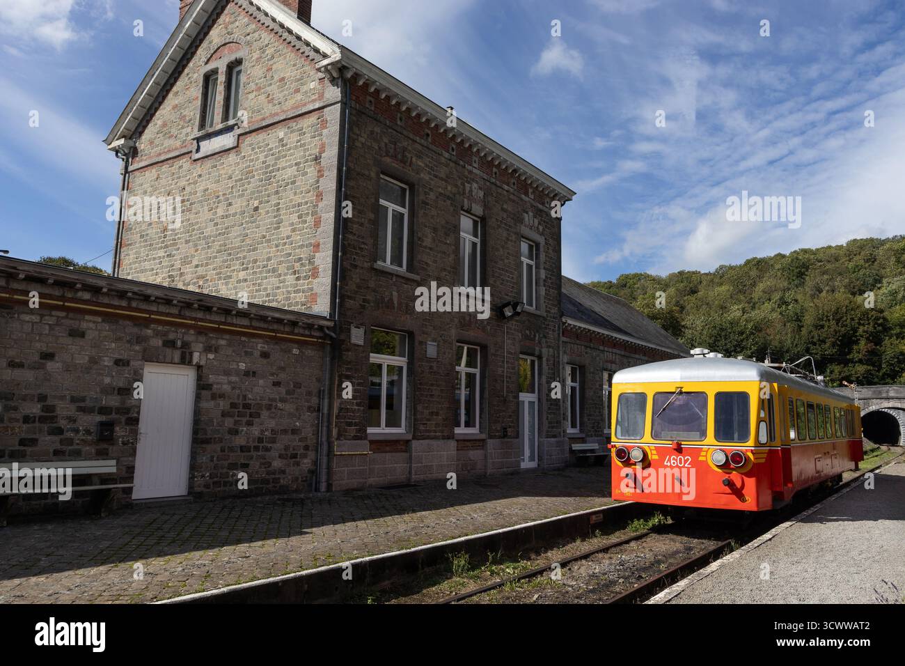 YVOIR, BELGIUM, 14 SEPTEMBER 2025: The historic train station of 'Le Chemin de Fer du Bocq' at Spontin, in Namur. The association is working to preser - Stock Image
