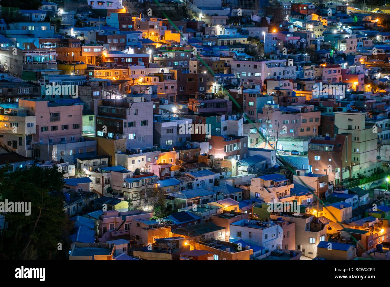 Colorful houses of Gamcheon Culture Village at night in Busan, South Korea Stock Photo