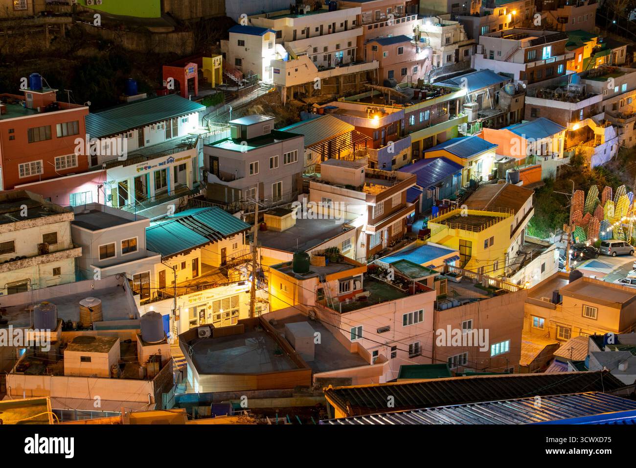Colorful houses of Gamcheon Culture Village at night in Busan, South Korea Stock Photo