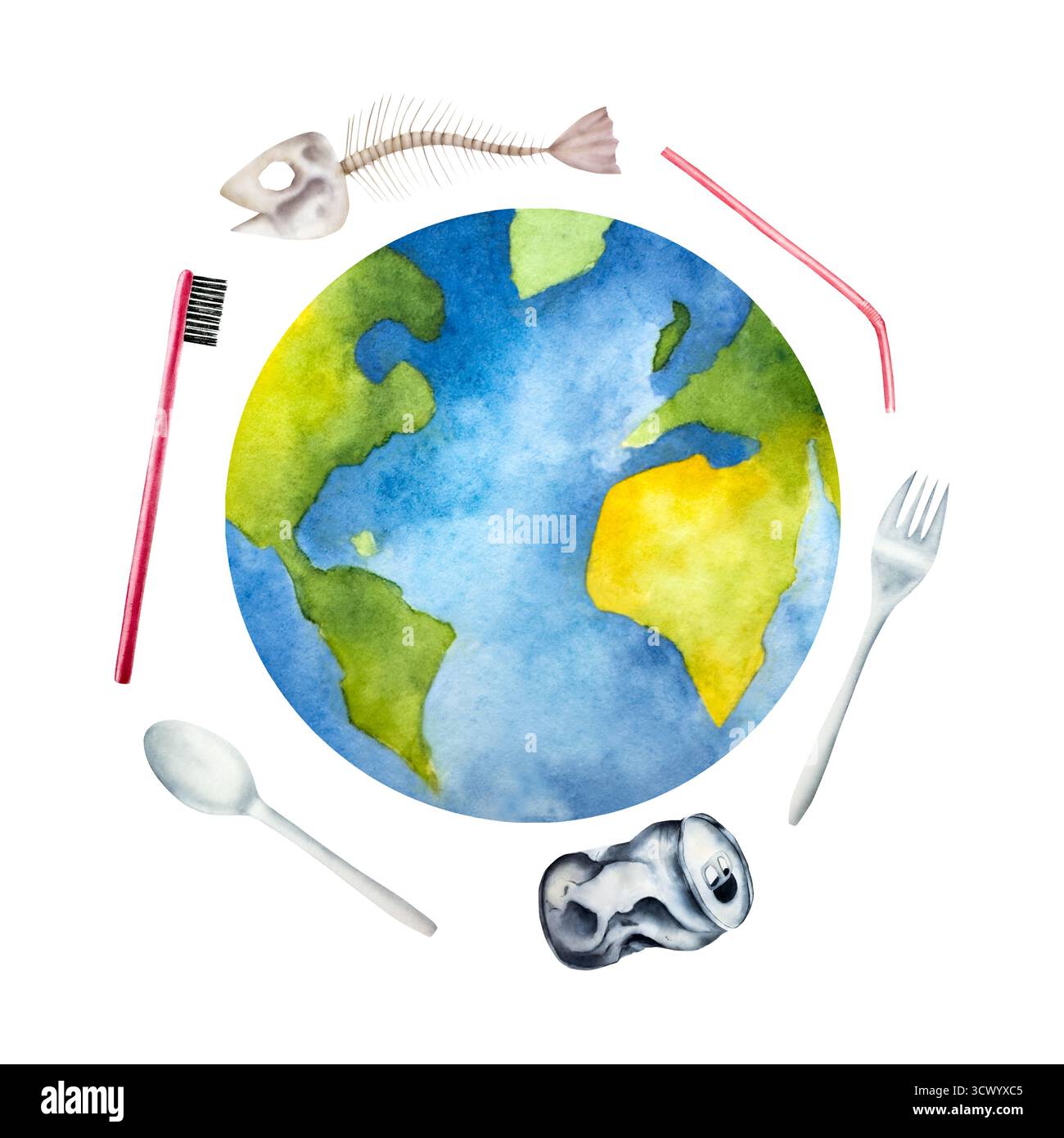 Straw Planet Planet earth with plastic fork and spoon, straw, toothbrush. Crumpled ...