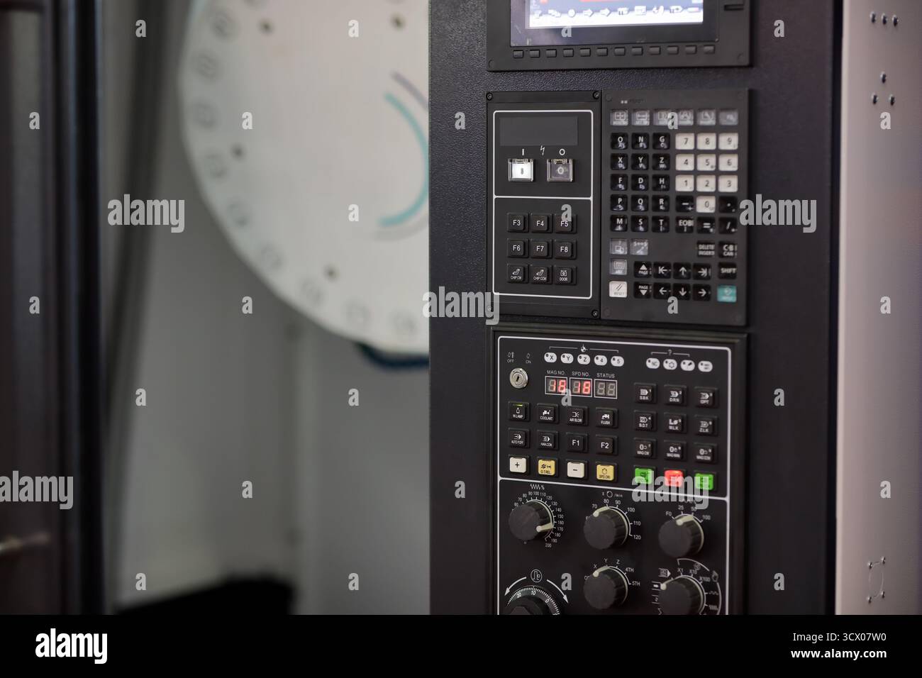 Milling machine with CNC control panel close up. Selective focus. Stock Photo