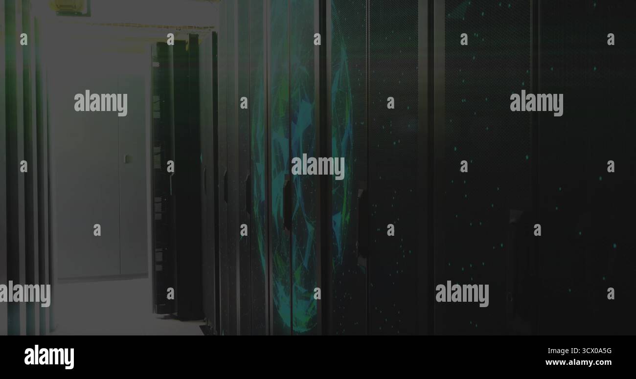 Lining tall black server cabinets along narrow data center corridor, with glowing LED patterns Stock Photo