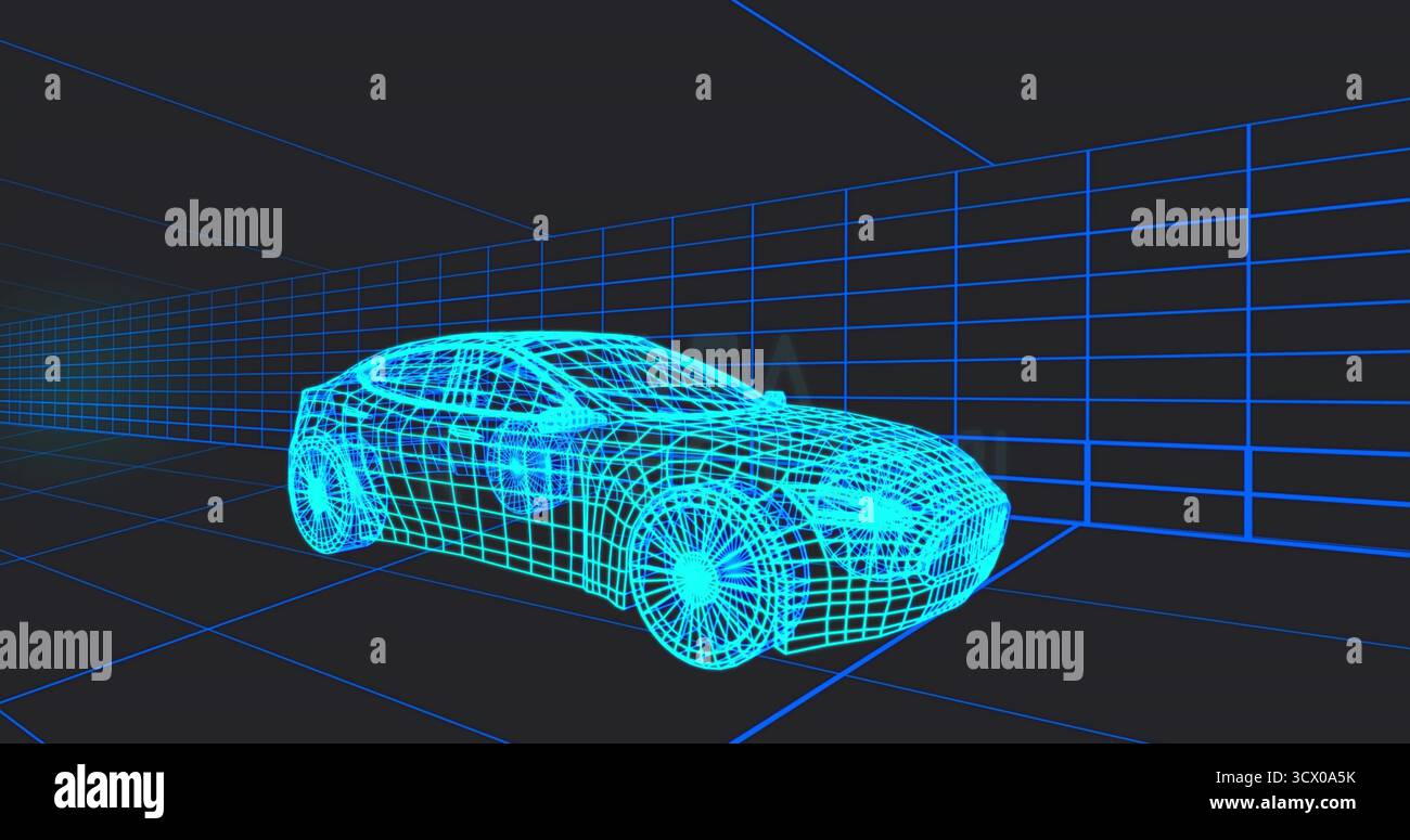 Displaying neon-blue wireframe car model rotating in grid-lined virtual space, with tunnel effect Stock Photo