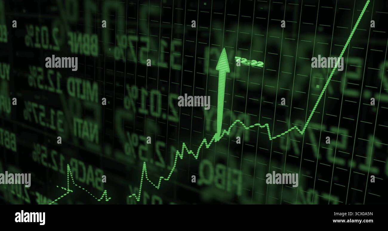Tracing neon green line graph rising into upward arrow on trading ...