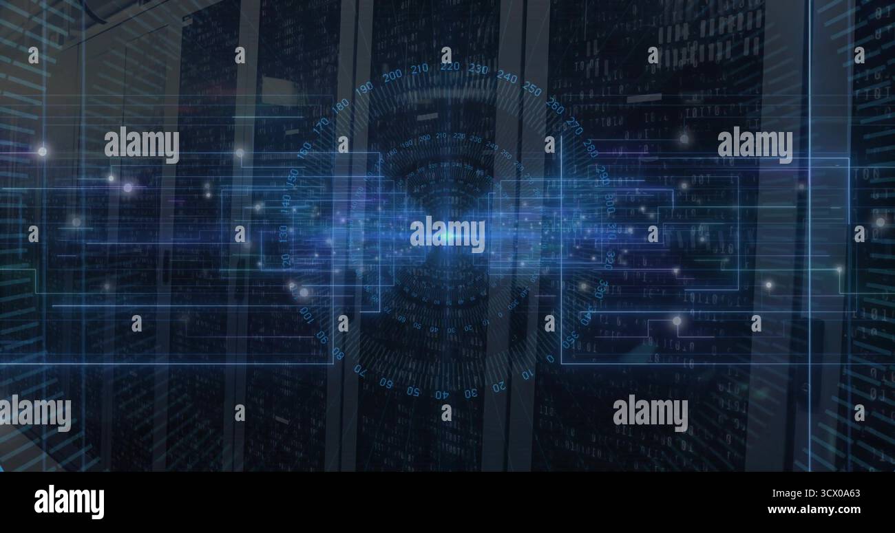 Displaying holographic interface projecting binary code in data center, with server racks Stock Photo