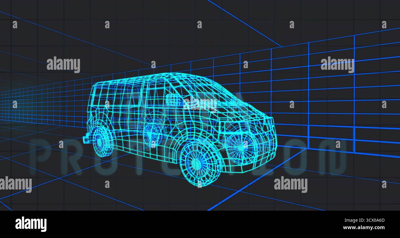 Displaying wireframe van model rotating in digital studio, highlighting grid floor and wall planes Stock Photo