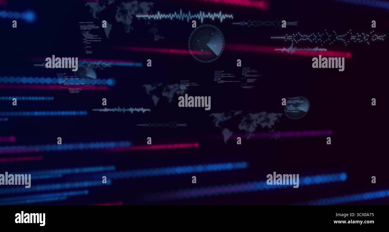 Interface occupying black void, with data streams, radar UI, map ...