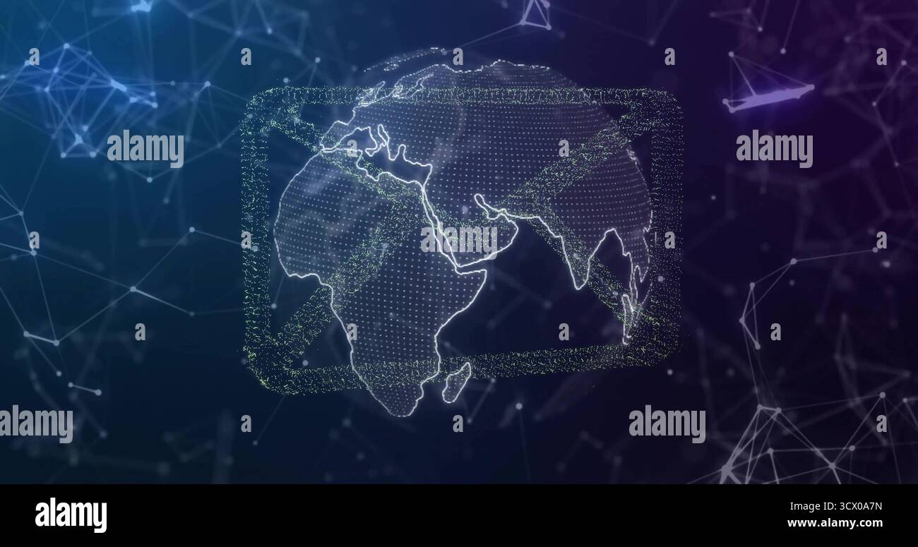 Forming particle based Earth inside glowing frame in abstract space, with network nodes and lines Stock Photo