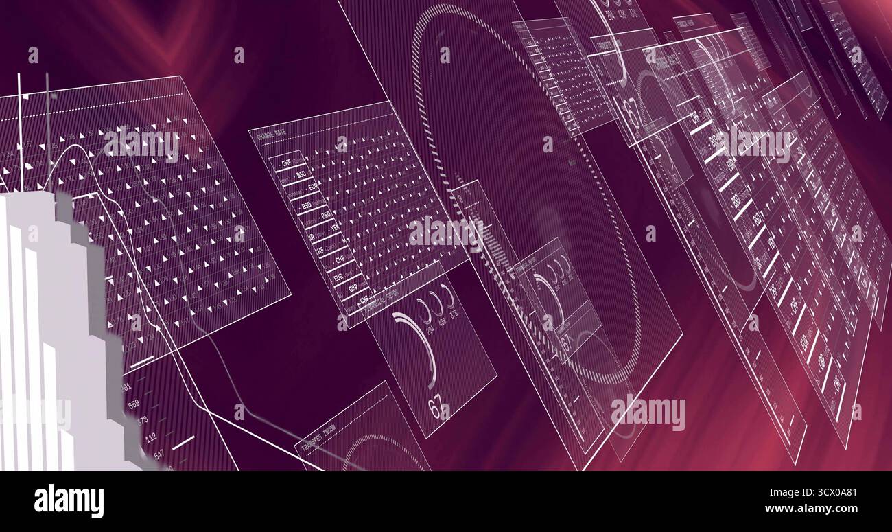 Floating translucent interface panels presenting data in virtual workspace, with grid charts Stock Photo