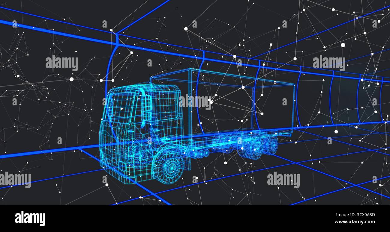 Displaying wireframe semi-truck model floating digital design space, with network nodes, grid lines Stock Photo