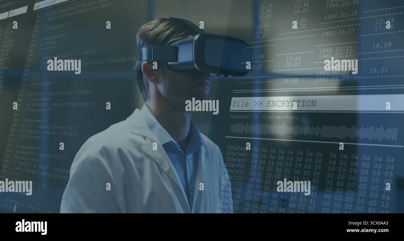 Researcher wearing white lab coat and VR headset analyzing encryption interface and hex code in lab Stock Photo