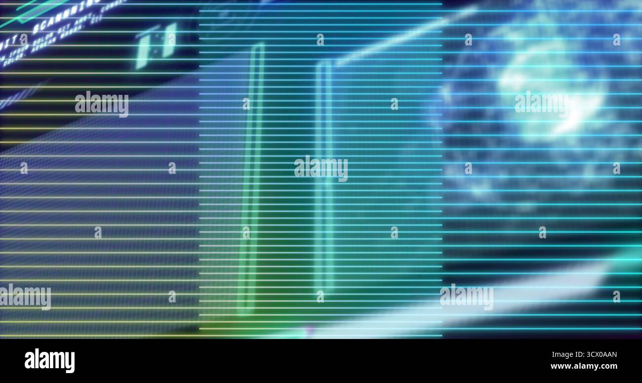 Displaying interface over scan lines in console, with neon panels, code display and swirling orb Stock Photo