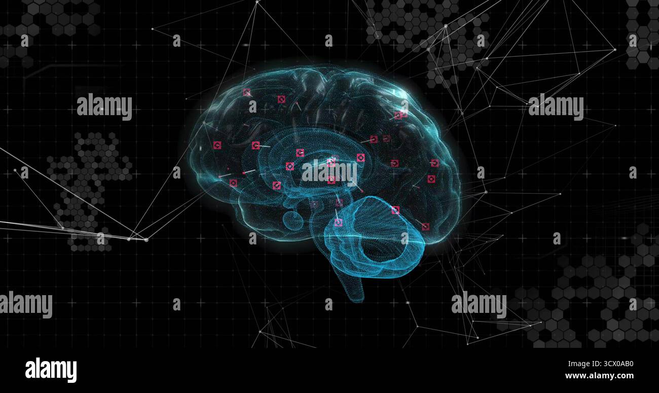 Floating 3D brain model hovering over dark grid, with magenta nodes, network lines and hex clusters Stock Photo