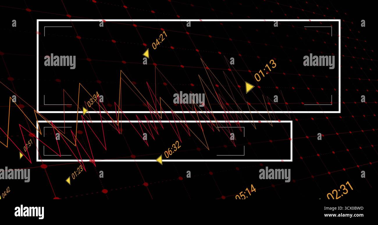 Displaying white rectangular frames on black grid, with time-stamped graphs and yellow markers Stock Photo