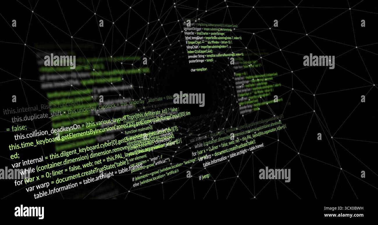 Floating code panels showing JavaScript syntax in digital mesh, with white wireframe mesh network Stock Photo