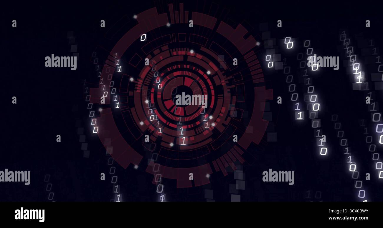Displaying central red HUD-like interface at digital overlay, with binary digits, squares and nodes Stock Photo