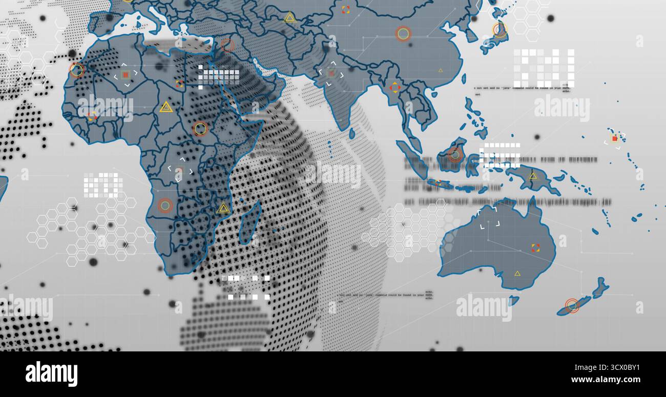 Displaying flat world map in data dashboard, with dotted globe grid, hex pattern clusters Stock Photo