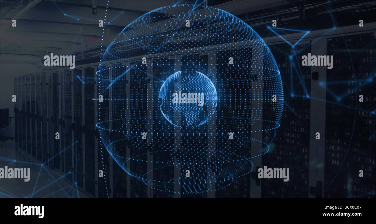 Hovering translucent blue digital sphere in data center corridor, with LED racks, network cables Stock Photo