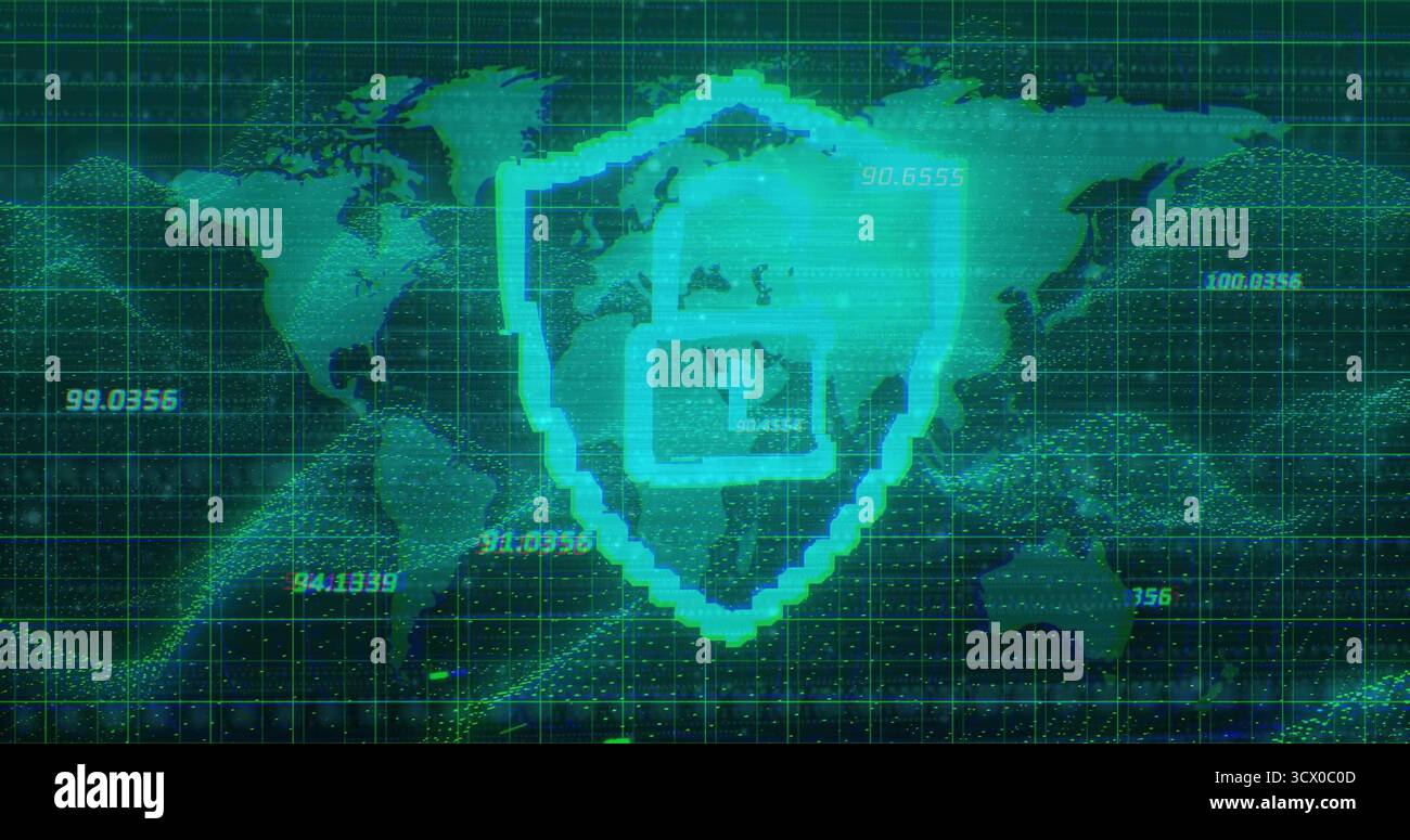 Displaying pixelated shield and padlock icon on digital panel, with world map grid numeric streams Stock Photo