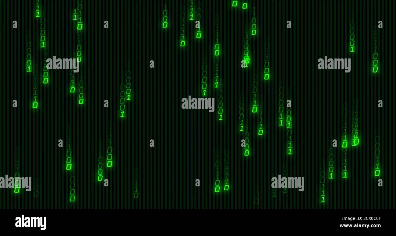 Streaming green binary digit streams cascading across dark grid panel, with neon code visualization Stock Photo