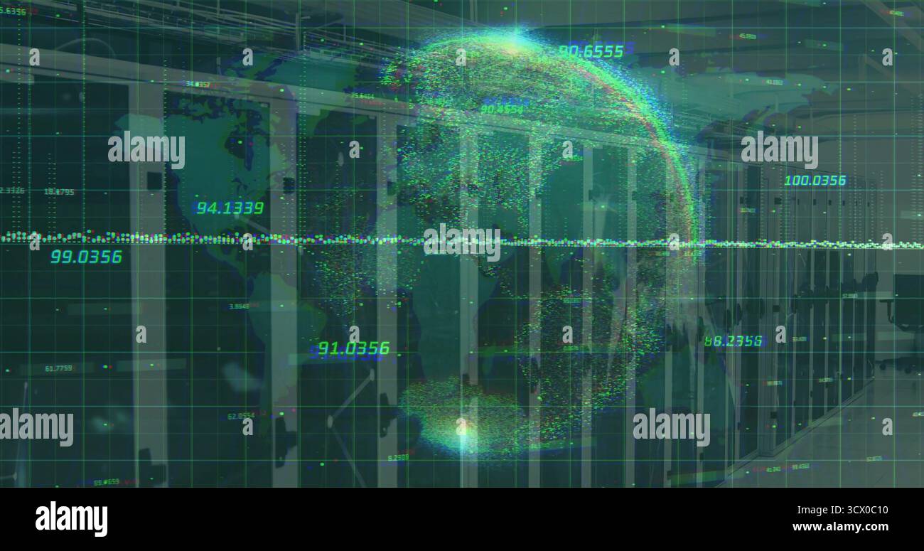 Displaying holographic data globe floating over server racks at data center, with numeric metrics Stock Photo