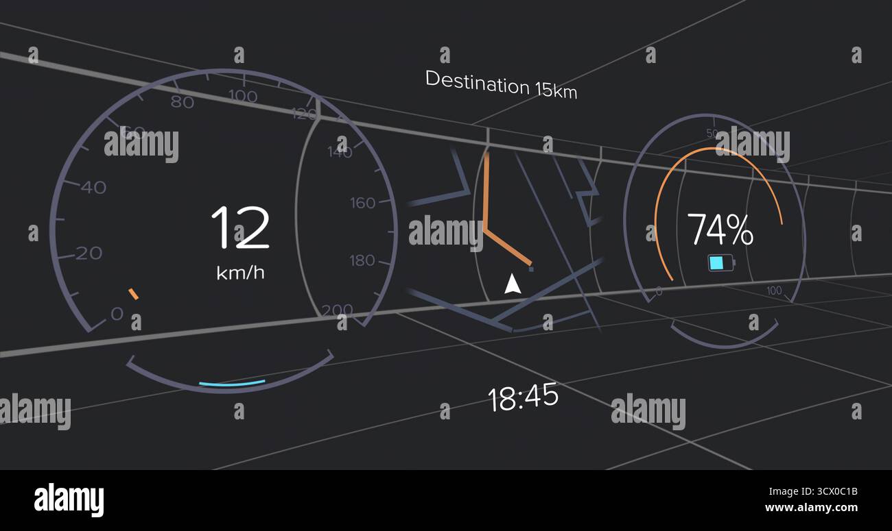 Floating display showing speed gauge, navigation map, battery icon and ...