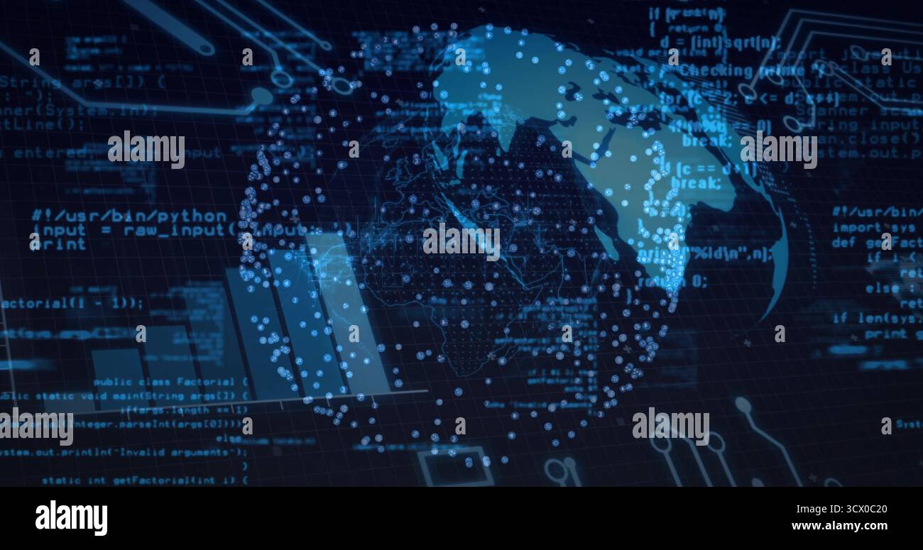 Rendering digital globe on dark grid mesh interface, with data nodes, Python and Java code snippets Stock Photo
