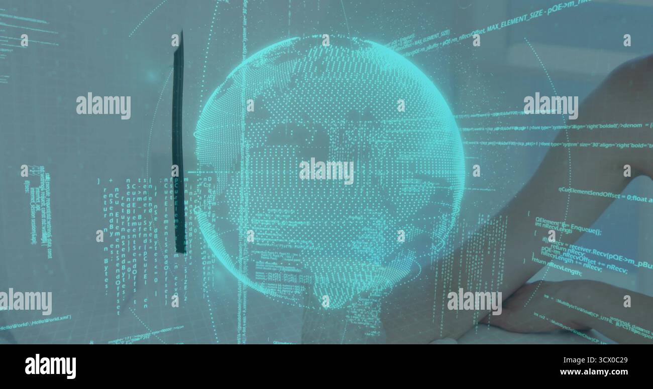 Projecting holographic Earth globe hovering in modern interior display, with floating code graphics Stock Photo