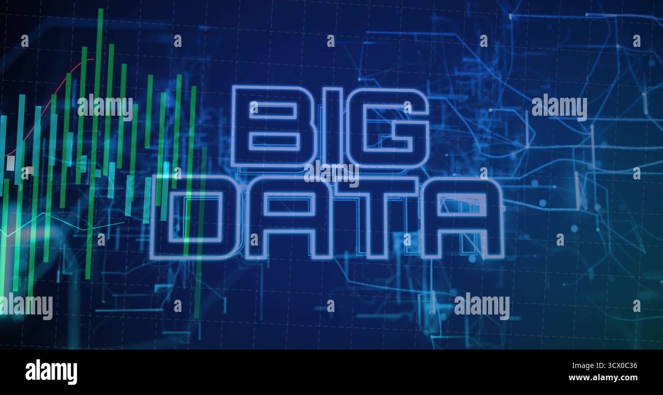 Displaying text BIG DATA floating over dashboard with green bar charts and network node diagrams Stock Photo