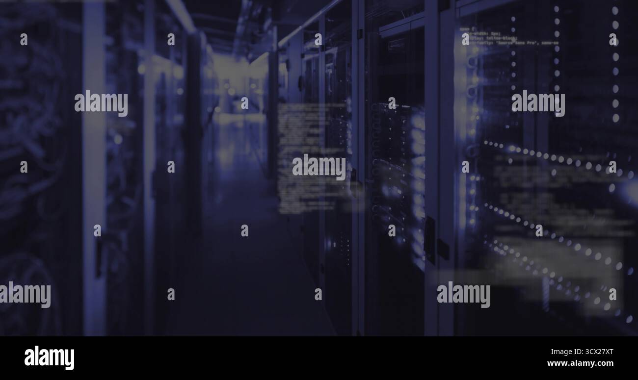 Glowing corridor of server racks casting cool blue light in data center, with floating code overlay Stock Photo