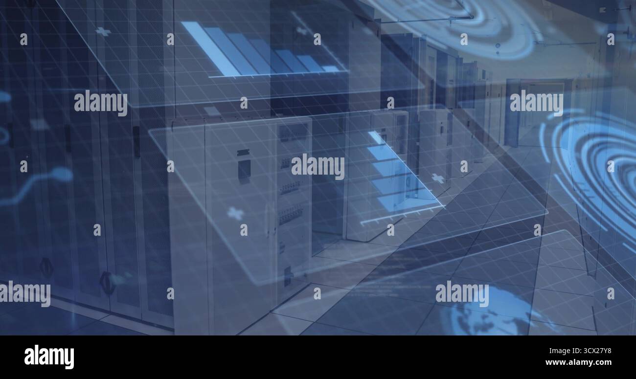 Revealing open server cabinet exposing racks in data center server room, with data visualization Stock Photo