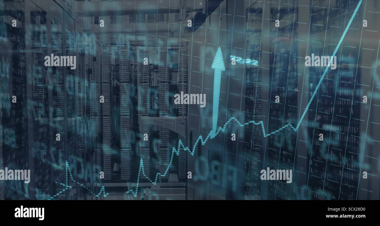 Displaying server racks and cables in corridor, overlaying financial graph arrow and binary streams Stock Photo