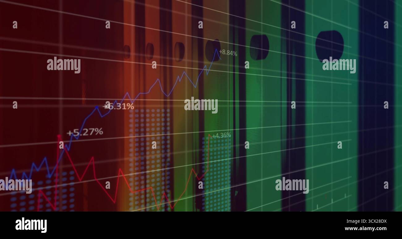 Displaying chart on screen, featuring colored bars, gridlines, percentage labels and line graphs Stock Photo