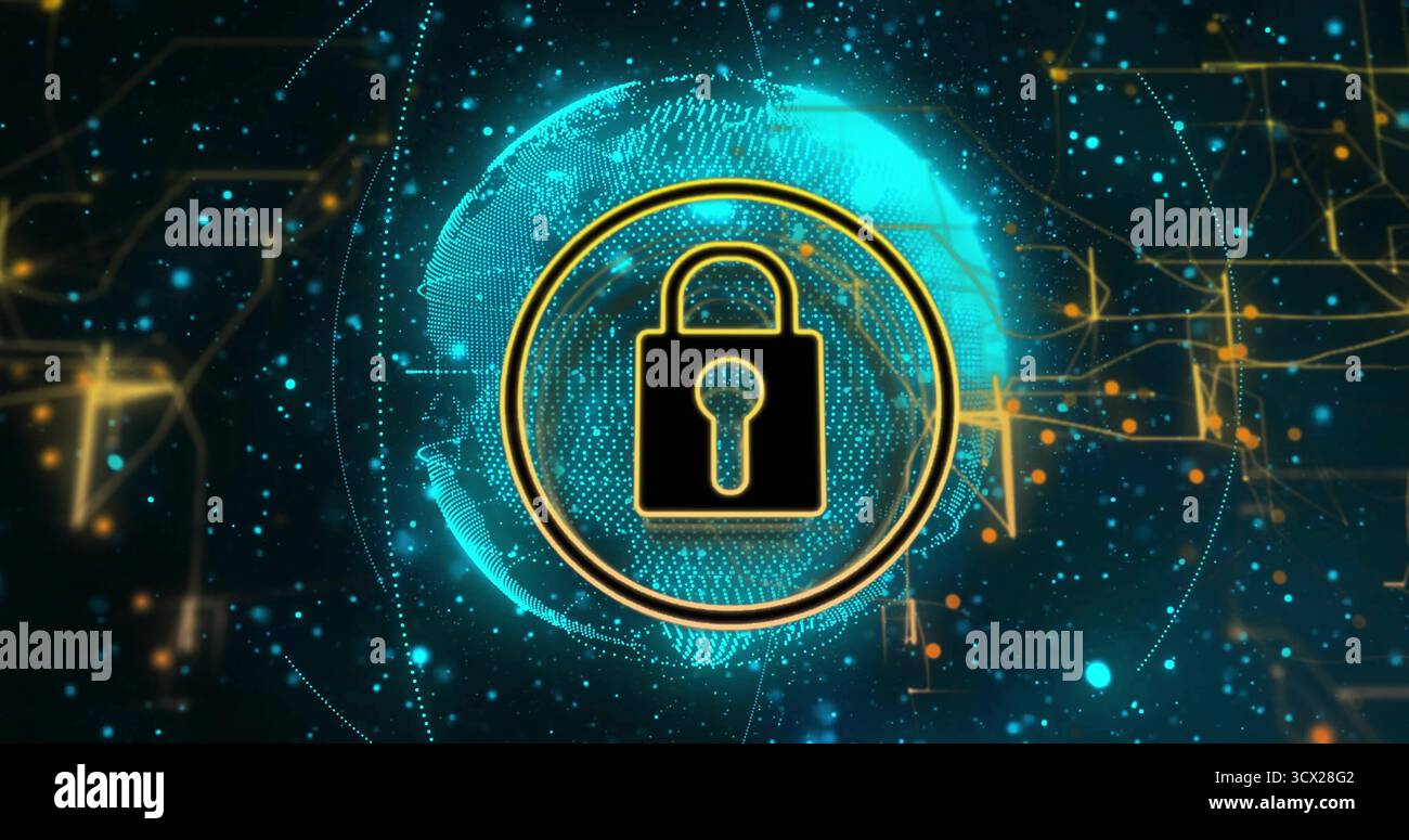 Displaying padlock icon before glowing globe with gold circular frame, network nodes, circuit lines Stock Photo