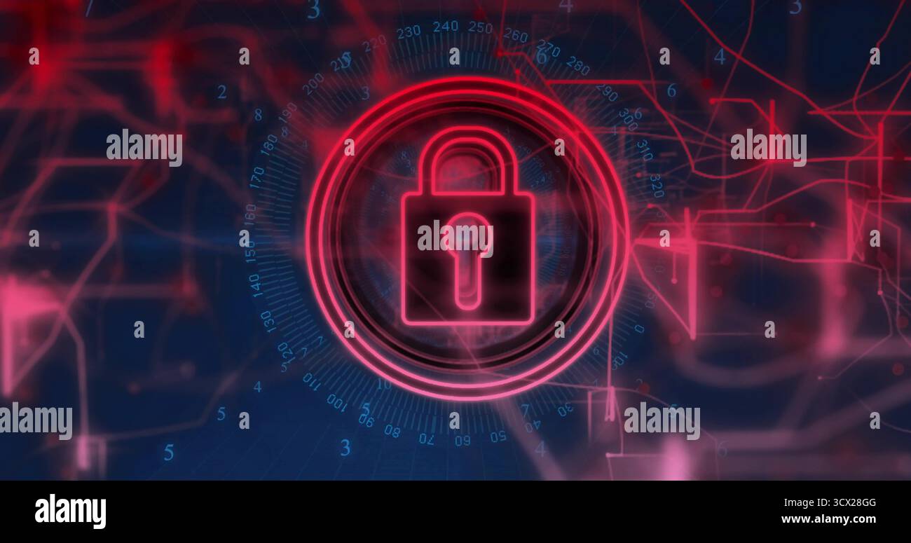 Hovering neon pink padlock icon guarding virtual network, with dial ring markings and data paths Stock Photo