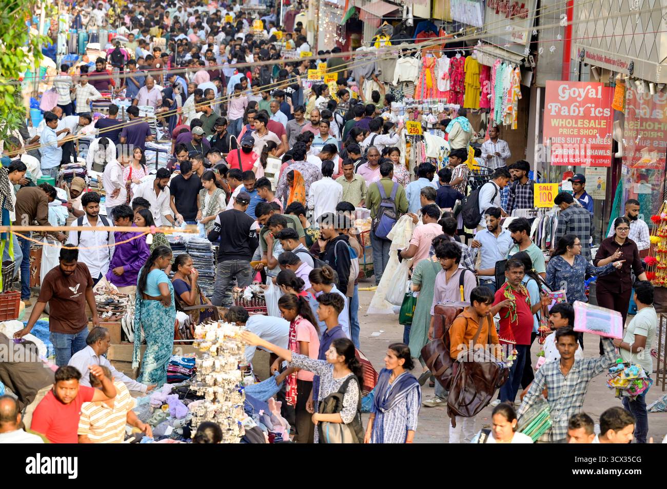New Delhi, India. 13th Oct, 2025. NEW DELHI, INDIA - OCTOBER 13: View of Sarojini Nagar market jam-packed with shoppers ahead of Diwali festival on October 13, 2025 in New Delhi, India. Streetside markets including Sarojini Nagar, Lajpat Nagar and Sadar Bazar, among others, witnessed a huge footfall as people headed out on a shopping spree to buy gifts for friends and family, along with decorating items and new clothes for Diwali. (Photo by Raj K Raj/Hindustan Times/Sipa USA) Credit: Sipa USA/Alamy Live News Stock Photo
