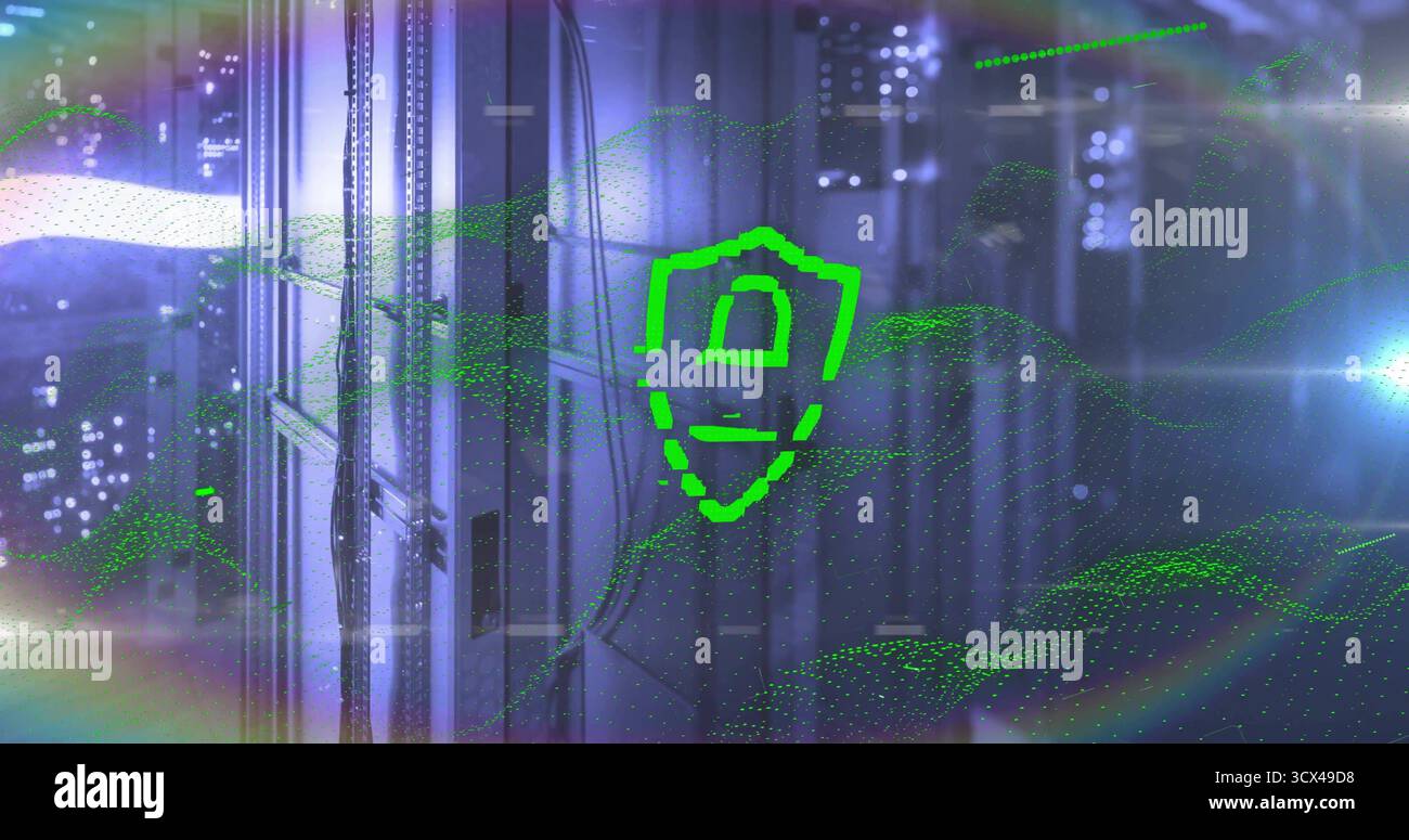 Projecting green shield icon protecting server racks and cables in data center with data streams Stock Photo