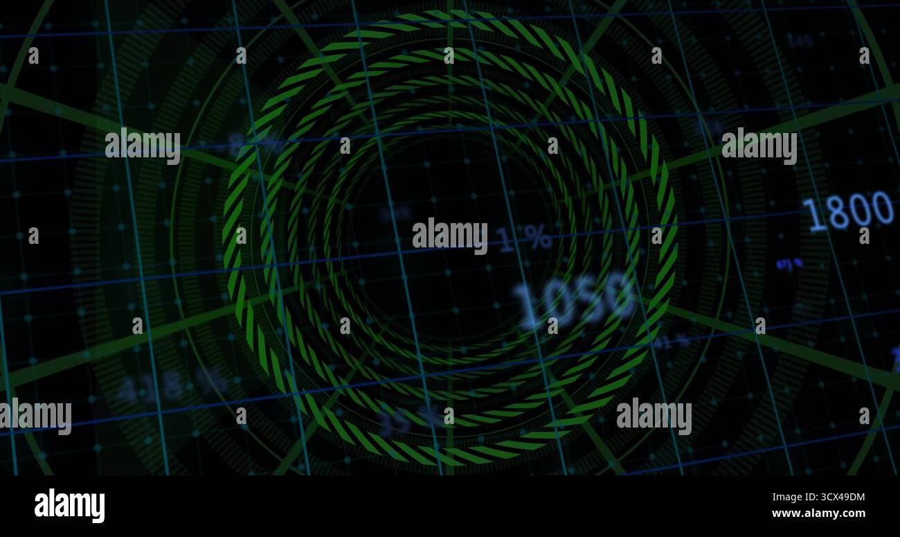 Displaying central green concentric interface on control screen with blue grid and numeric readouts Stock Photo