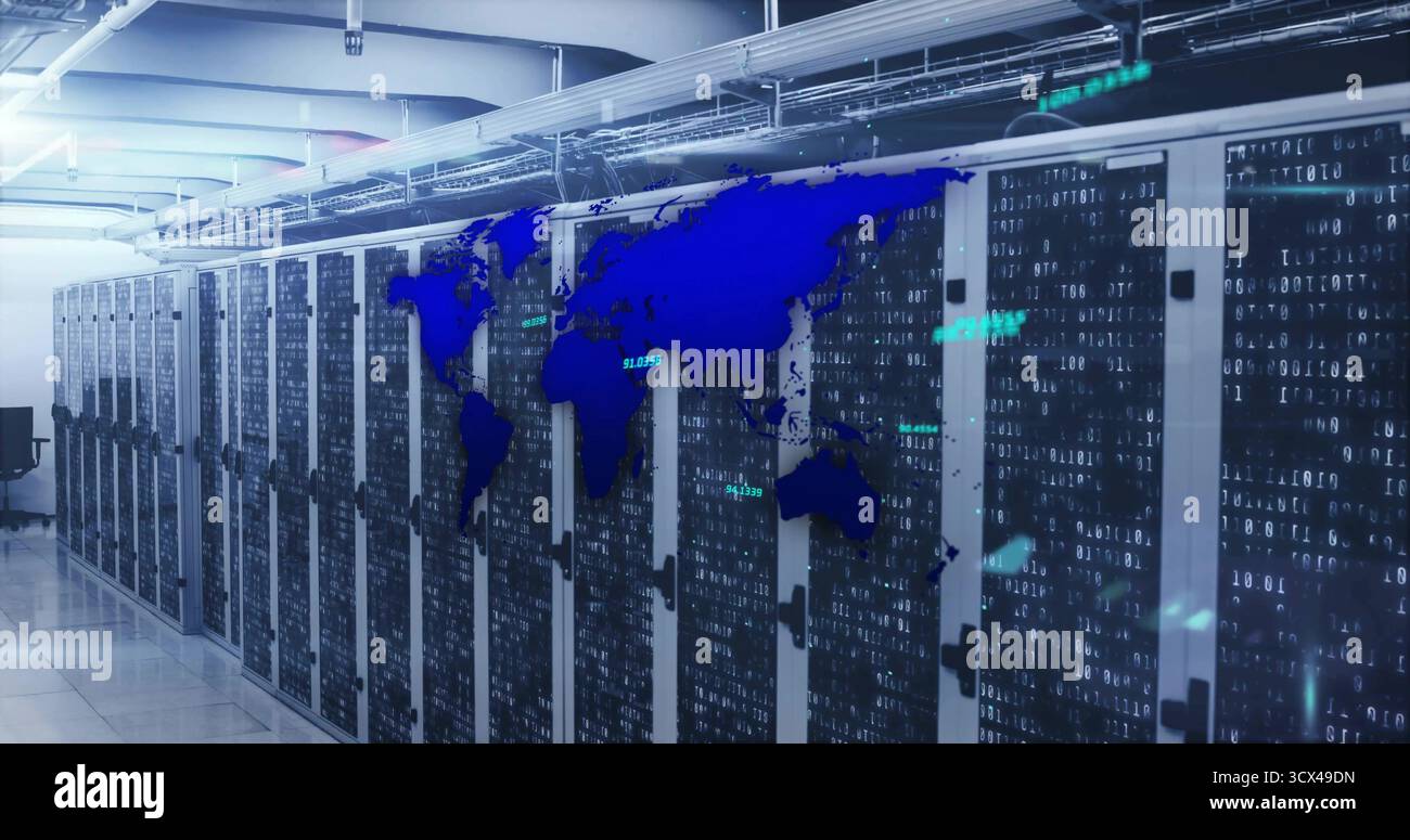 Extending glass-fronted server cabinets shining light in server room, with world map, code streams Stock Photo