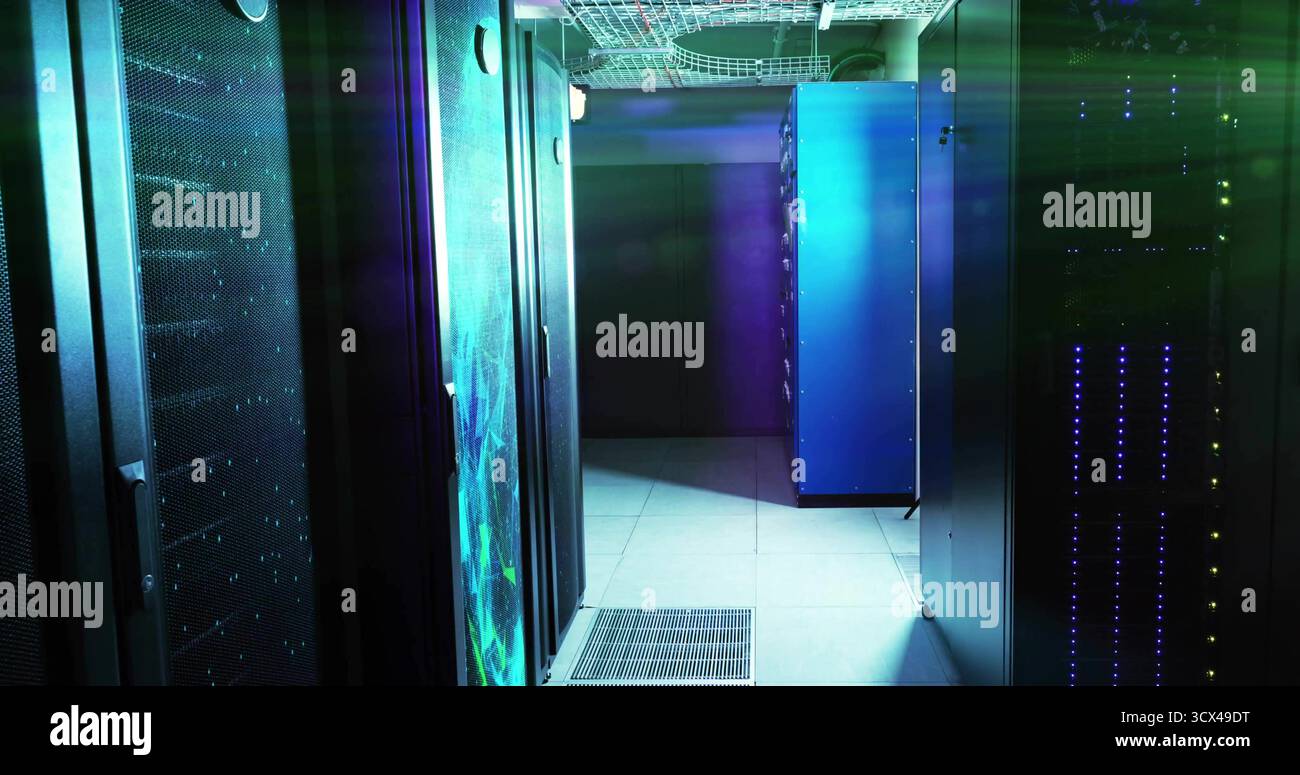 Central blue-lit server rack cabinet standing in data center corridor ...