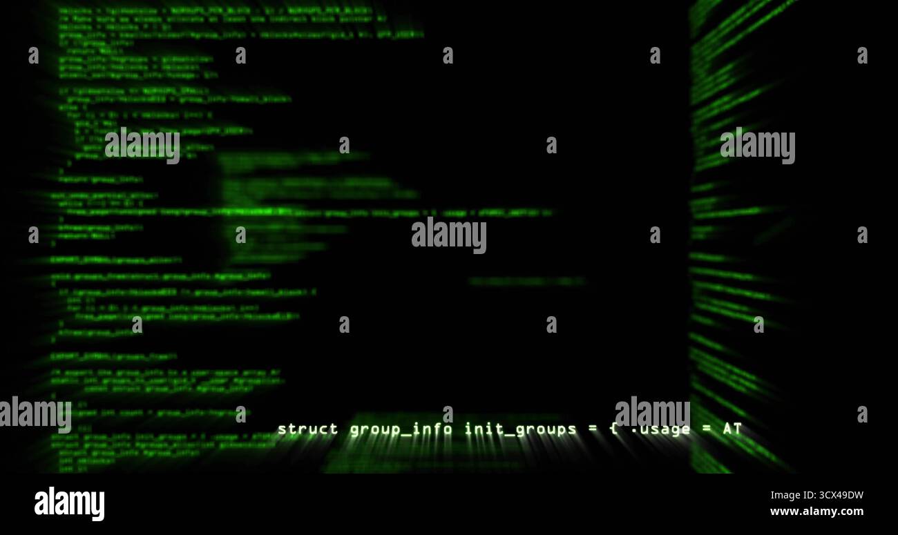 Displaying lines of green monospaced C code scrolling across terminal ...