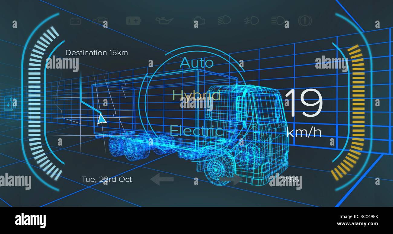 Wireframes In Ar Projecting blue wireframe semi-truck in AR display grid showing ...