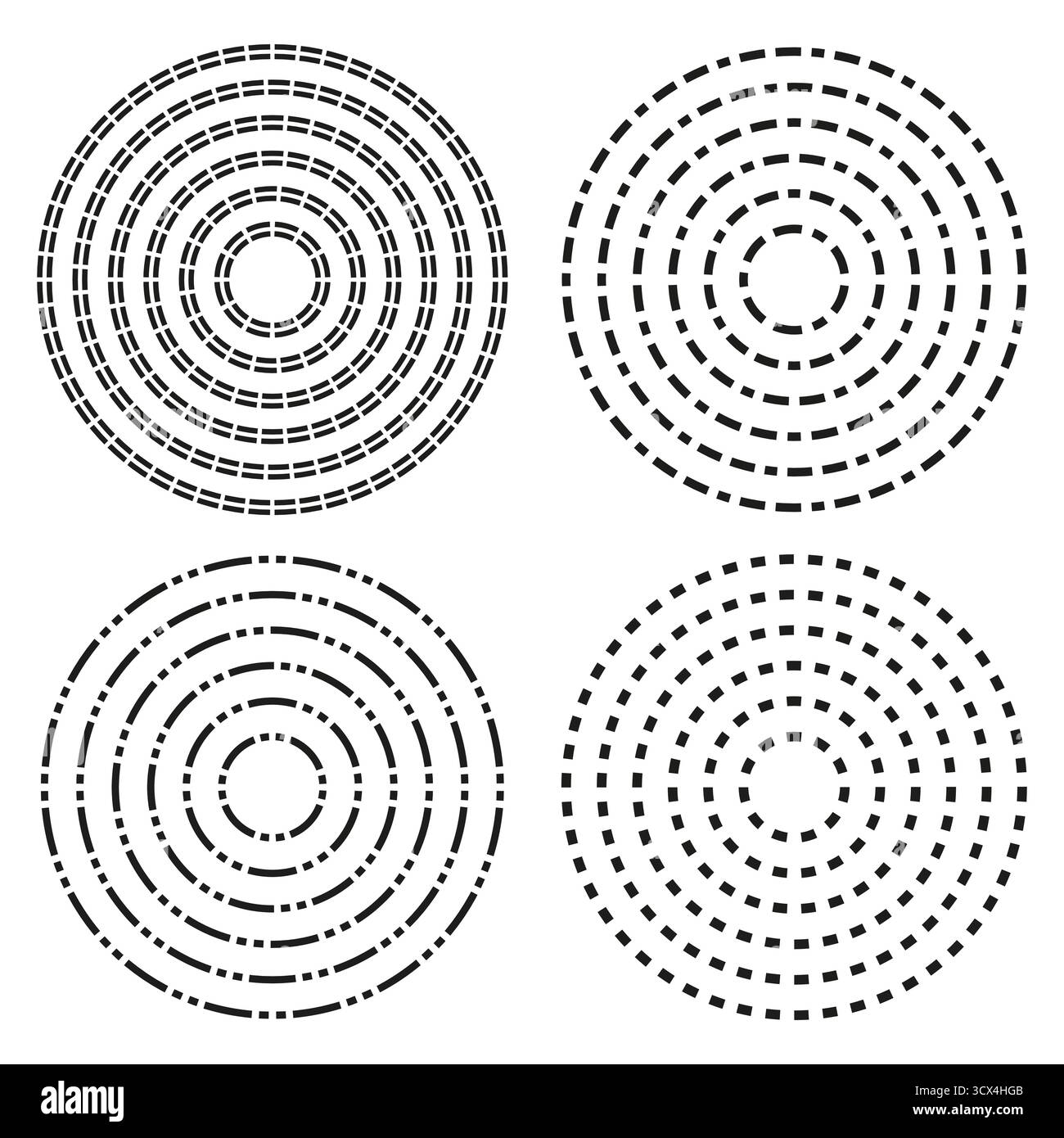Dotted circle patterns. Line dash shapes. Abstract geometric Vector. Radial element collection. EPS 10. Stock Vector