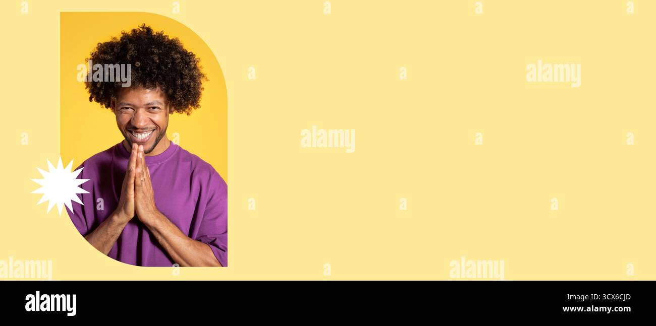 Joyful Man Expresses Gratitude in Vibrant Yellow Background Conversation Stock Photo