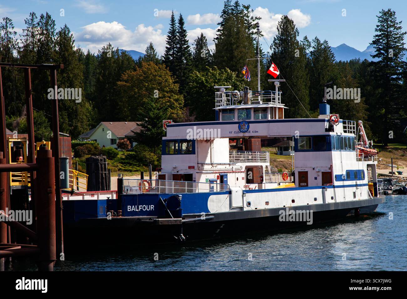 The MV Balfour docked at the ferry terminal in Balfour, British Columbia. The Balfour runs across Kootenay Lake between Balfour on the west side and K Stock Photo